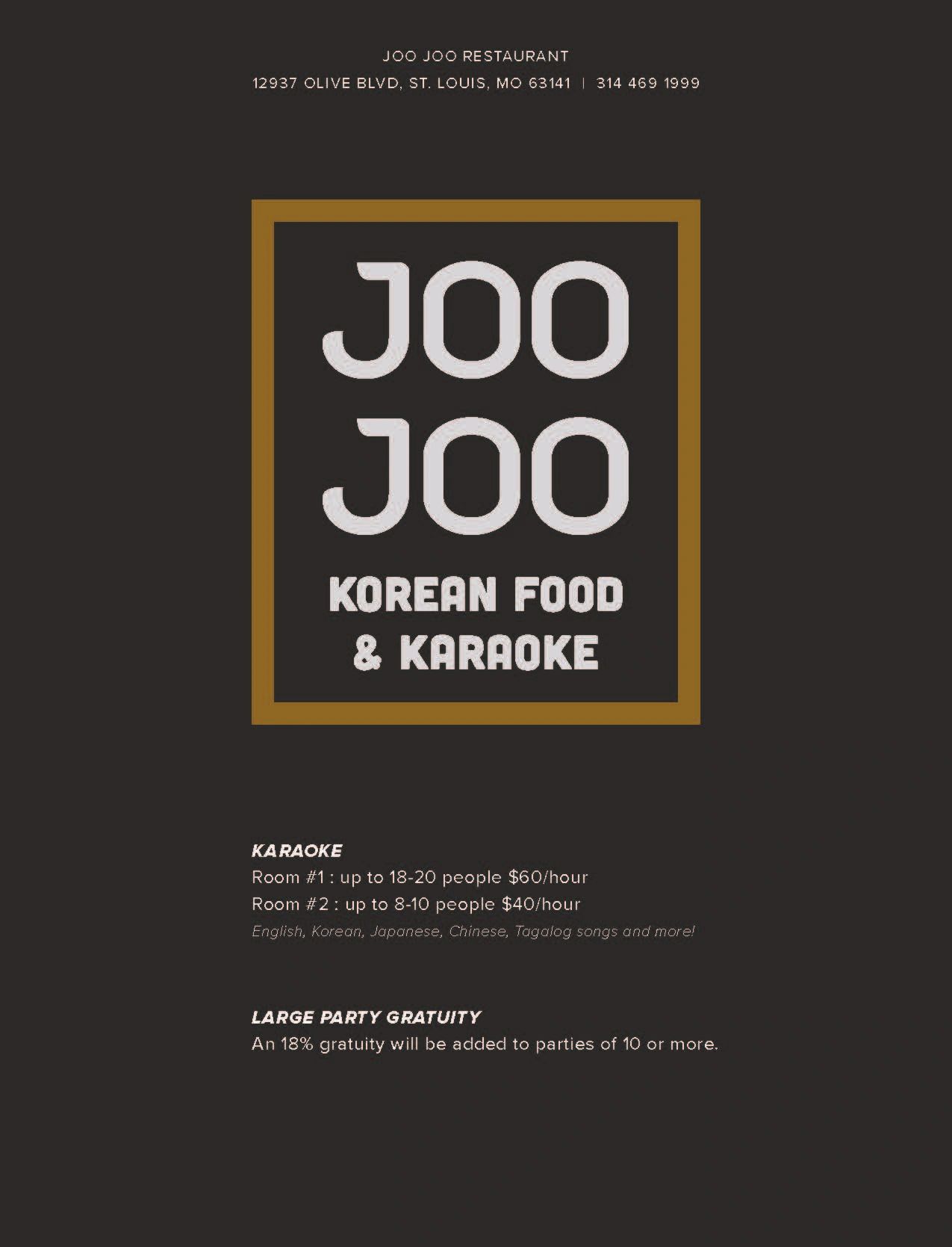 Joo Joo Korean food and karaoke with karaoke room pricing and party gratuity policy.