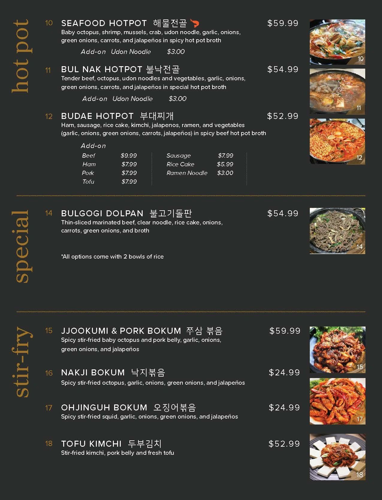 Korean hot pot and stir-fry menu with images and prices.