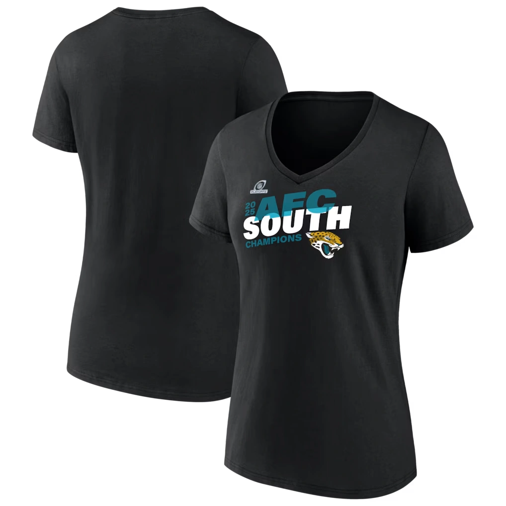 Women's Jacksonville Jaguars Black 2025 AFC South Division Champions V-Neck T-Shirt Classic Fit