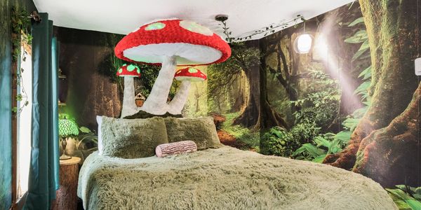 A photo of our Enchanted Forest's mushroom canopy bed