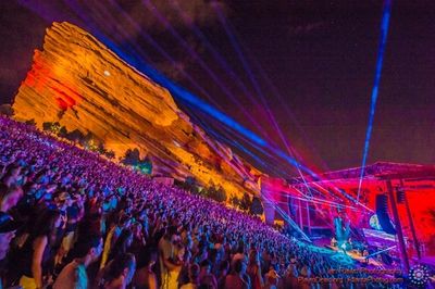 An aerial view in the middle of the action at a show at the iconic Red Rocks Amphitheatre