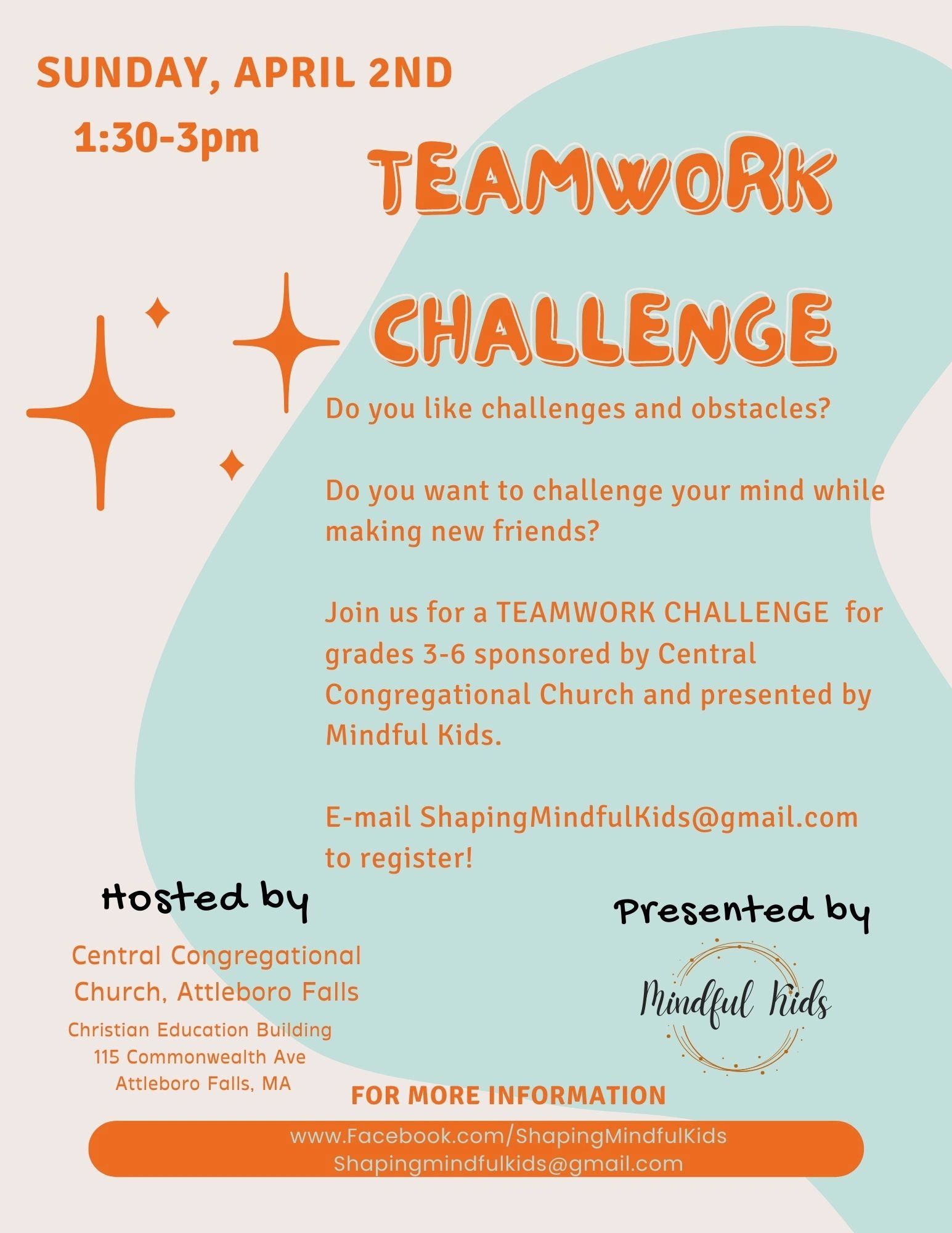 Flyer for a Teamwork Challenge event on April 2nd for grades 3-6, hosted by Central Congregational Church.