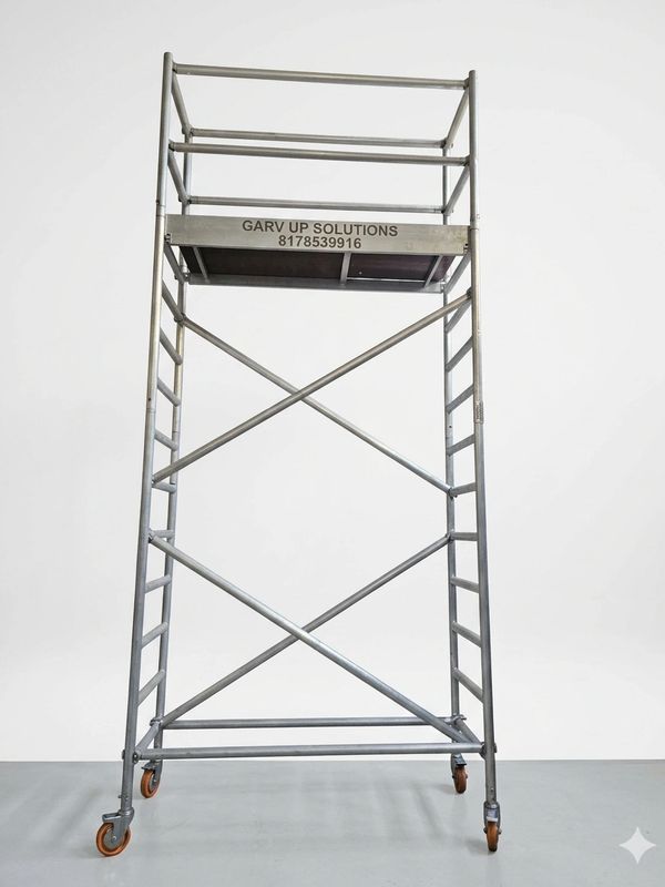 Mobile metal scaffolding tower with wheels for construction or maintenance work.