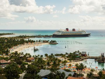 A large cruise ship near a tropical island beach with palm trees and clear blue water.