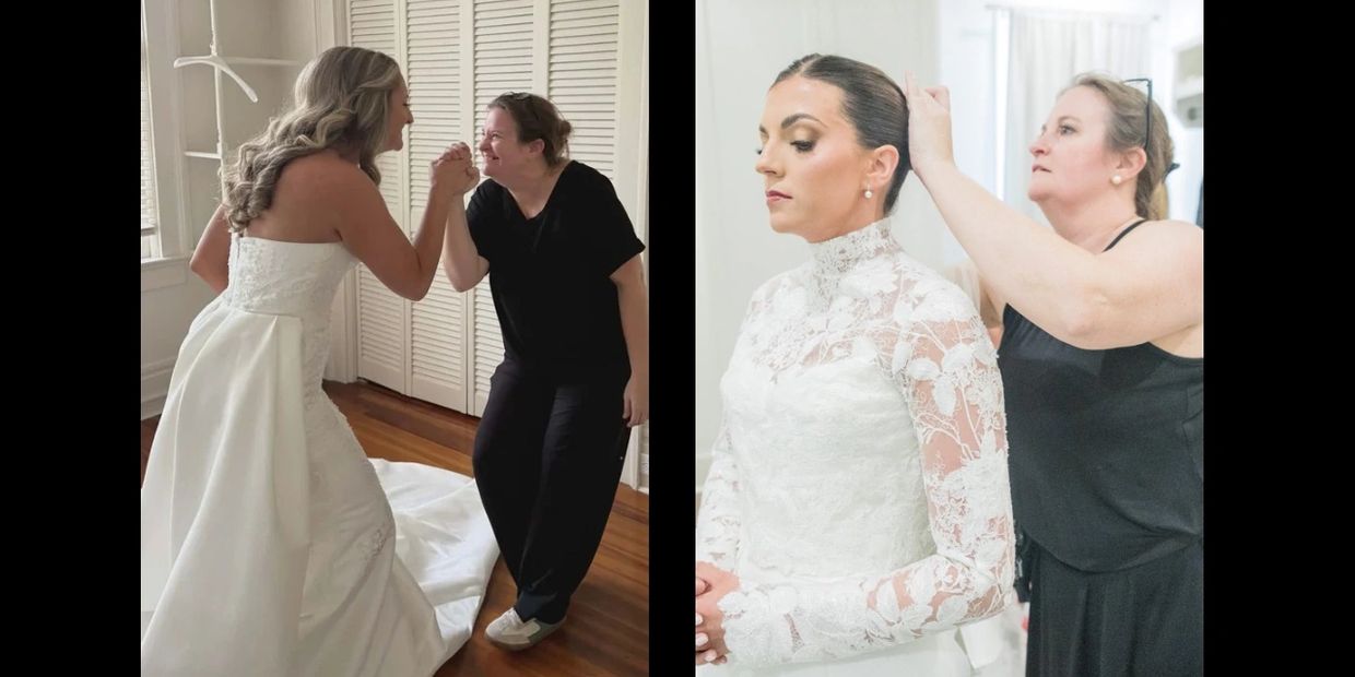 Bride joyfully interacts with a woman while getting hair styled for her wedding.