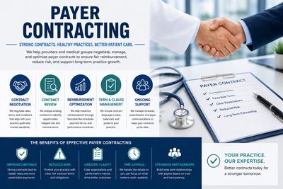Payer contracting process with documents and handshake symbolizing agreement.