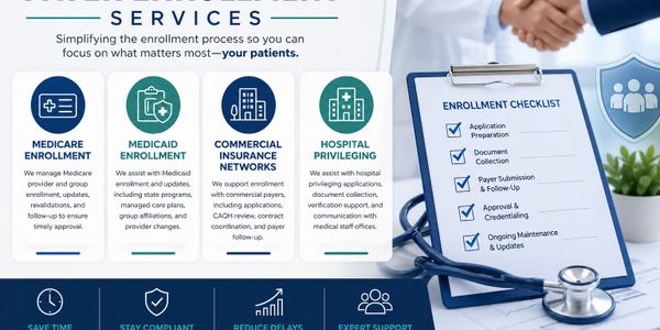 Medical enrollment services infographic with checklist and handshake image.