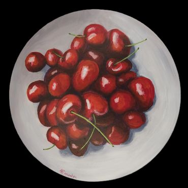 A plate filled with vibrant red cherries, artistically painted.