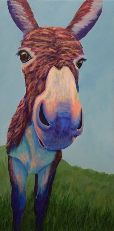 Colorful close-up painting of a donkey in a grassy field.
