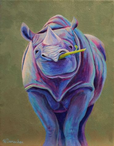Colorful painting of a rhino holding a twig in its mouth.