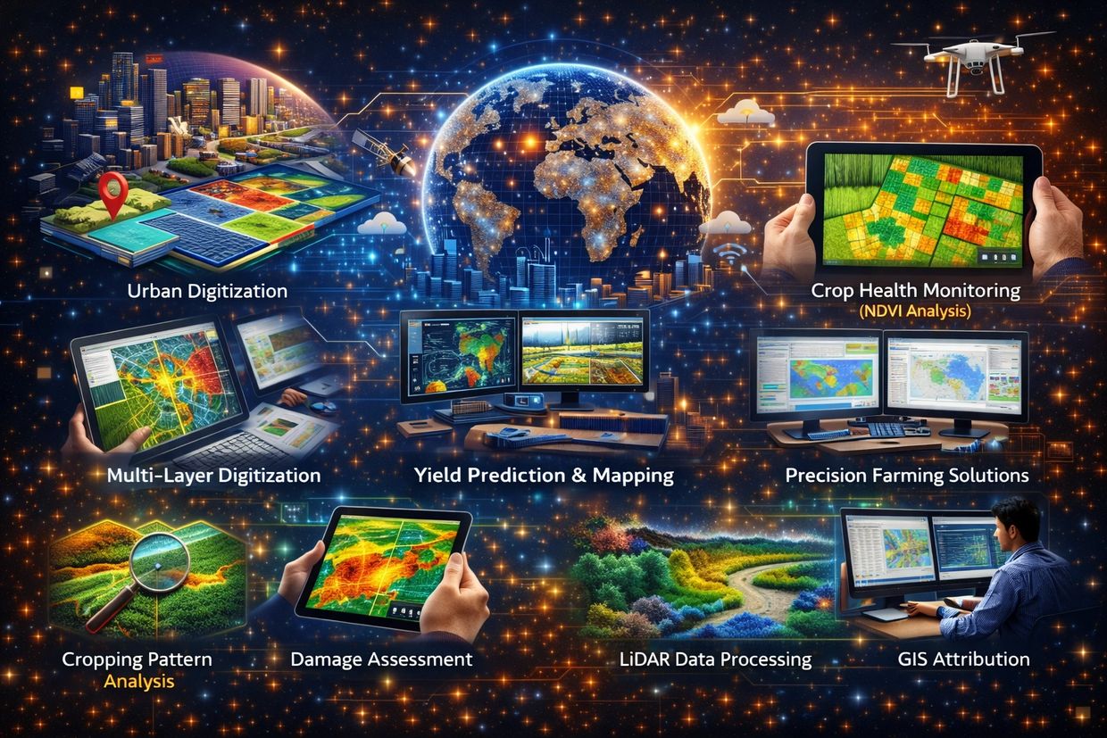 Advanced geospatial technologies enhancing urban planning and precision farming.