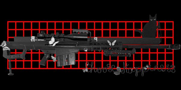 Black sniper rifle with butterflies and a sitting black cat against a red grid background.