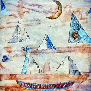 Abstract painting of boats with triangular sails under a crescent moon.