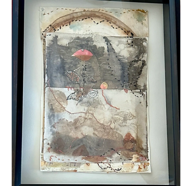 Abstract mixed media artwork combining watercolor, ink, and collage elements in muted tones.