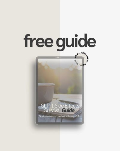 Digital tablet displaying a free GLP-1 Side Effects Survival Guide with minimalistic background.