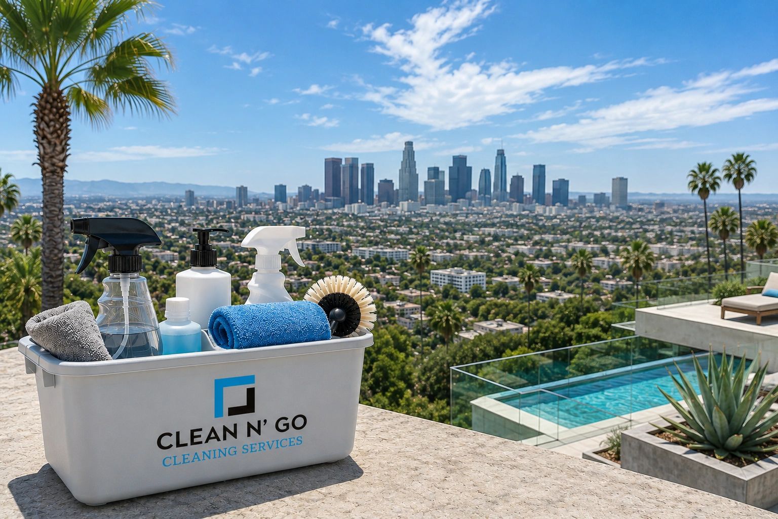 Cleaning supplies with city skyline background.