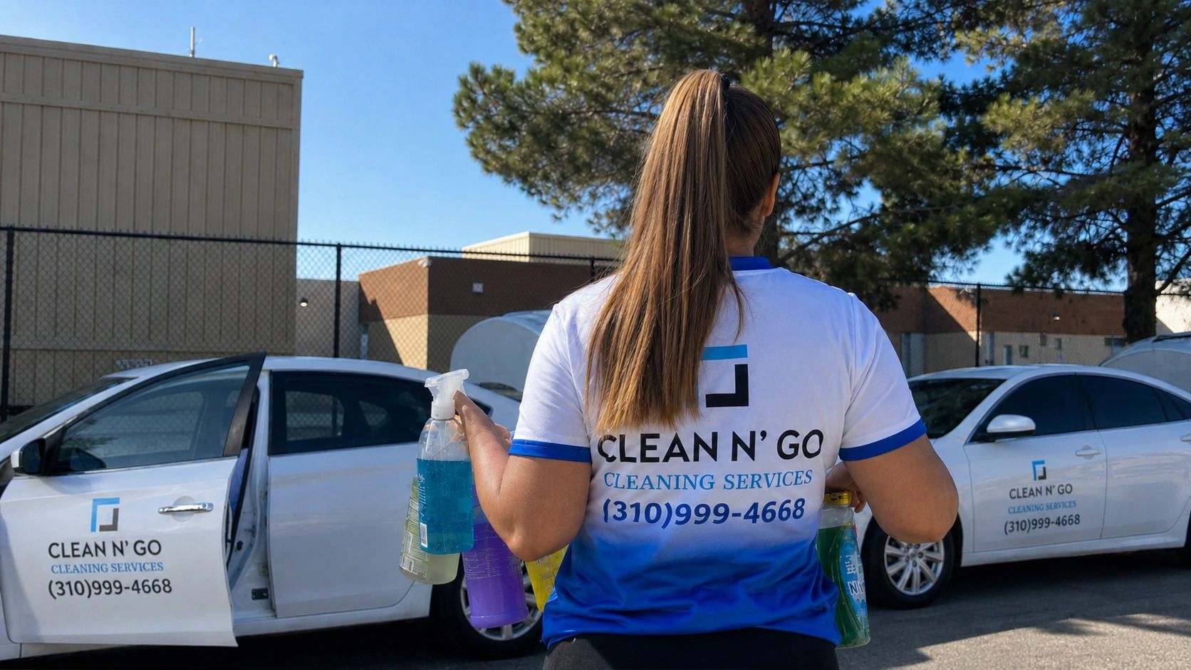 Person wearing Clean N' Go uniform holding cleaning supplies in front of branded cars.