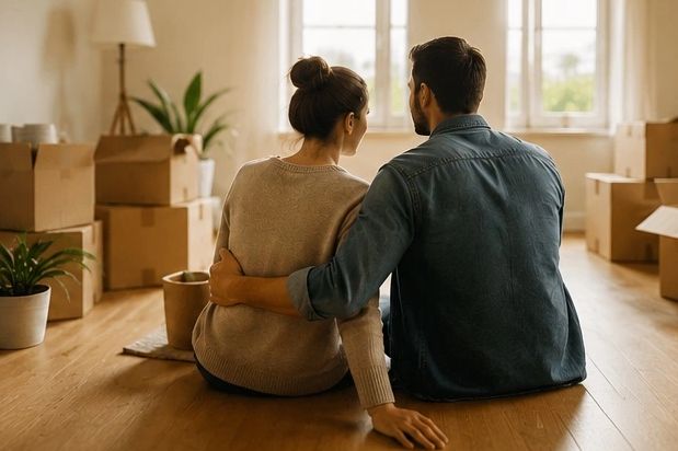 Couple sitting on floor surrounded by moving boxes in a new home.