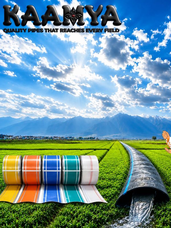 Farmer showcasing colorful irrigation pipes in a lush green field under a bright sky.