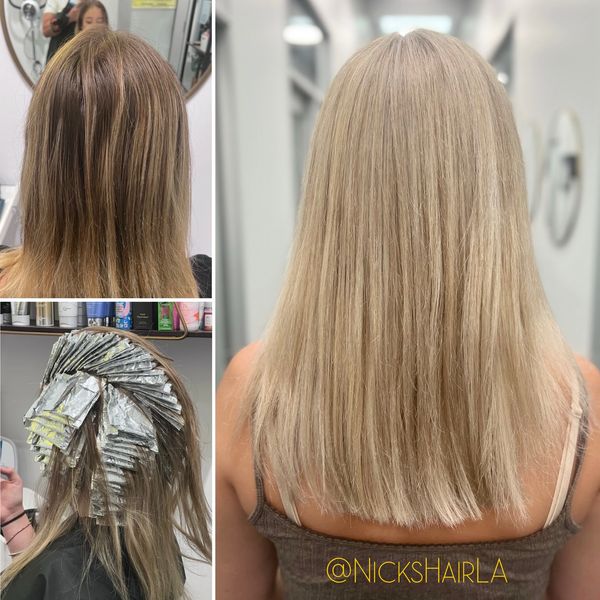 Hair transformation showing before, during foil highlights, and after blonde coloring.