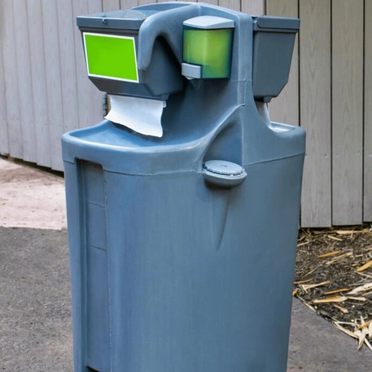 Outdoor handwashing station with soap dispenser and paper towels.