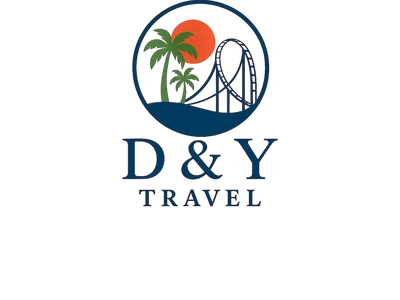 D & Y Travel logo with palm trees, sun, and roller coaster.