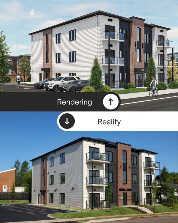 3D rendering vs. built apartment exterior comparison.