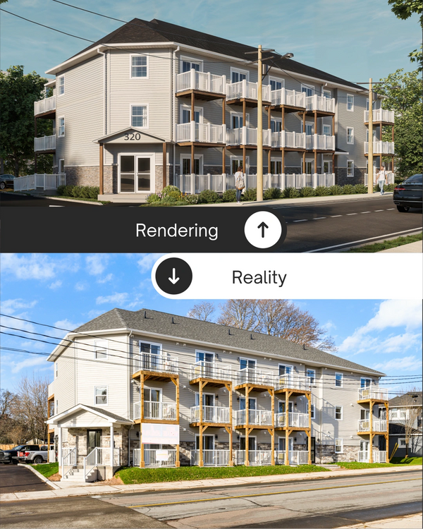 3D rendering vs. built apartment exterior comparison.