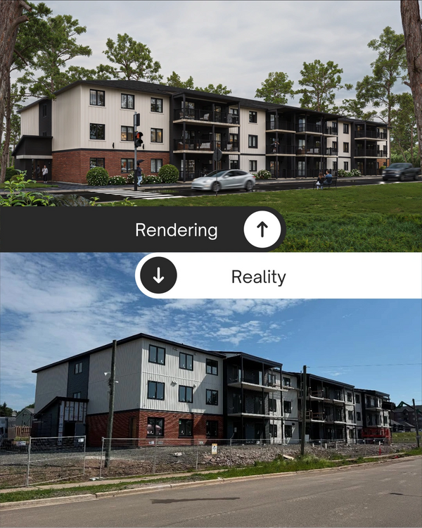 3D rendering vs. built apartment exterior comparison.