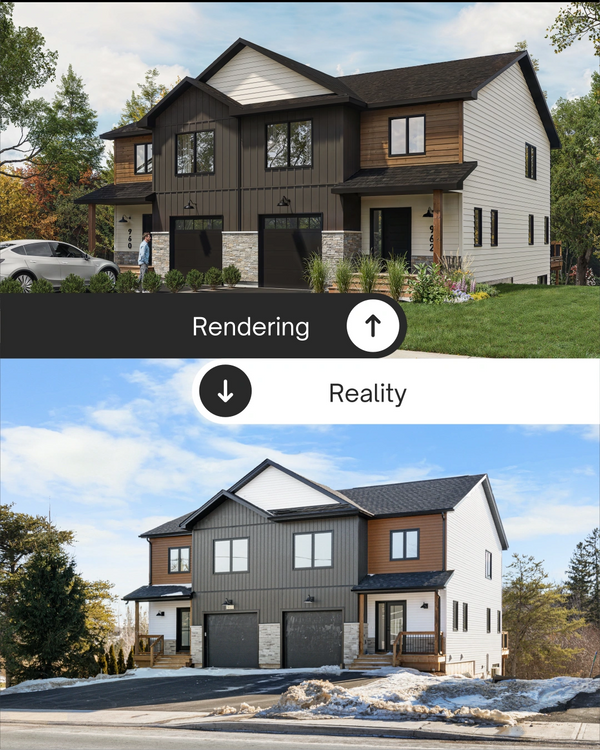 3D rendering vs. built duplex exterior comparison.