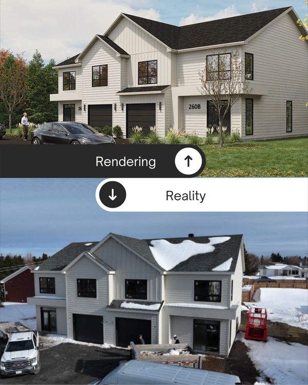 3D rendering vs. built duplex exterior comparison.