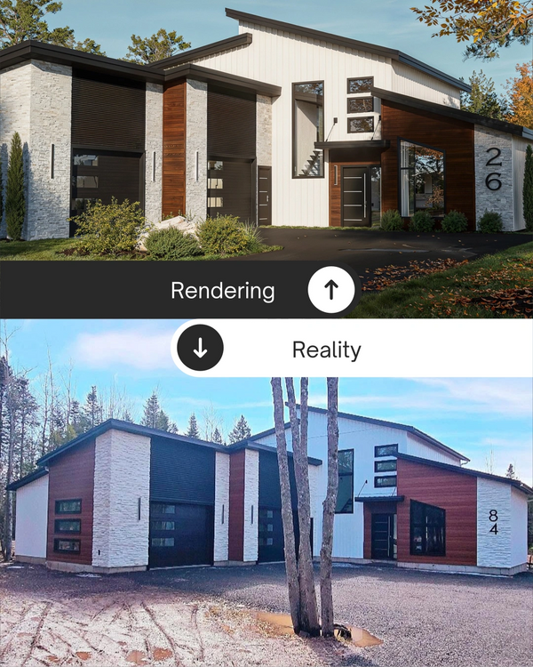3D rendering vs. built house exterior comparison.