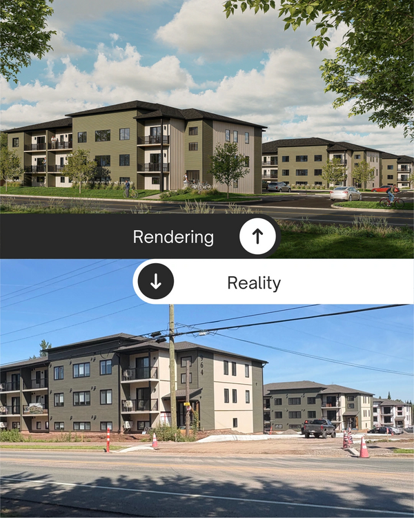 3D rendering vs. built apartment exterior comparison.