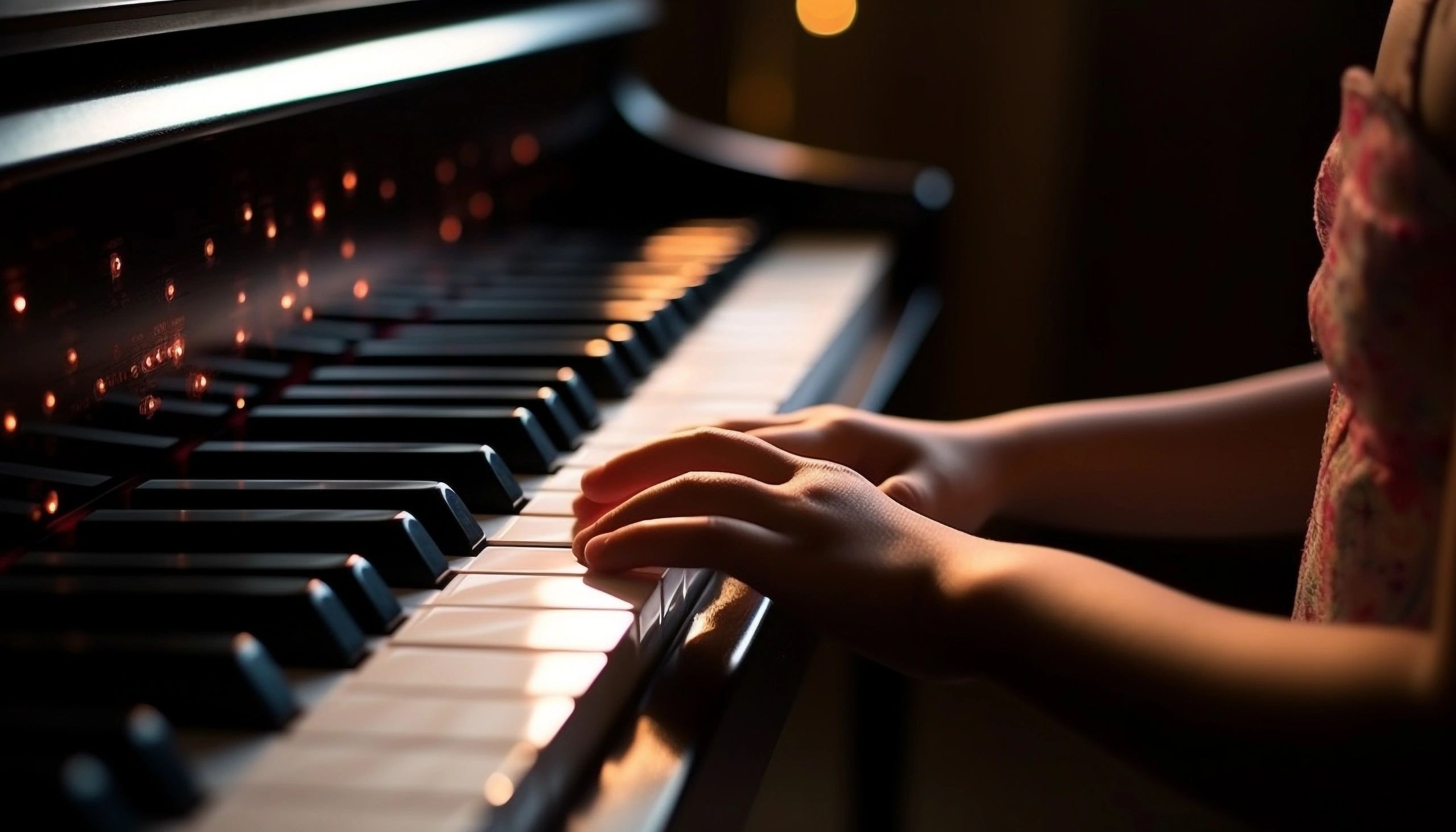 Child playing piano with soft lighting.