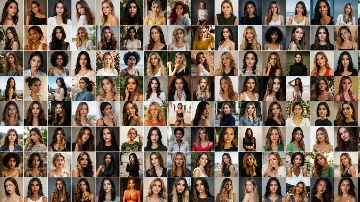 Grid of diverse women's portrait photos with various backgrounds and expressions.