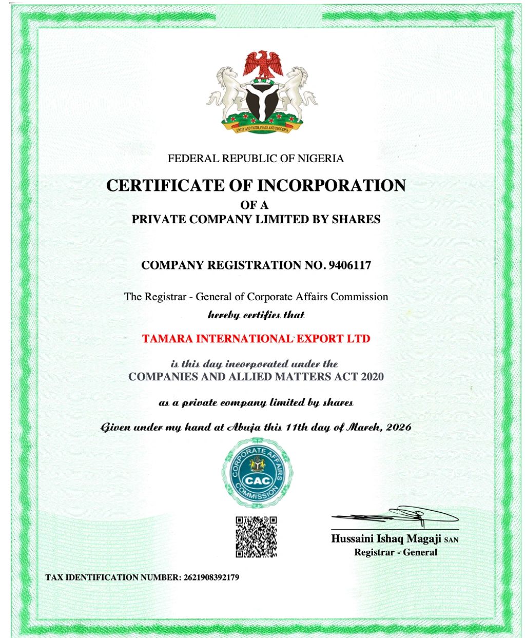 Certificate of Incorporation for Tamara International Export Ltd in Nigeria.
