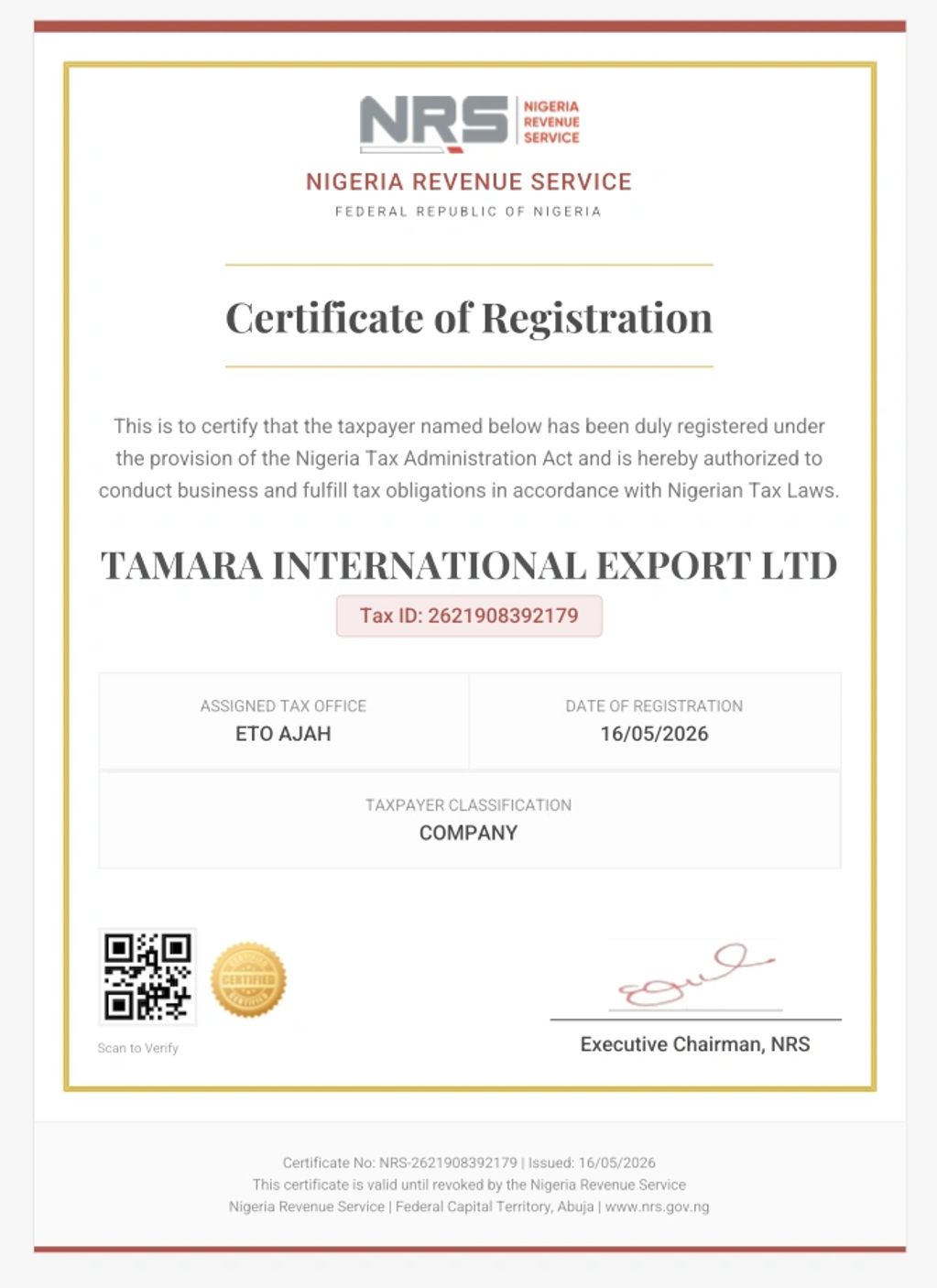 Certificate of Registration issued to Tamara International Export Ltd by Nigeria Revenue Service.