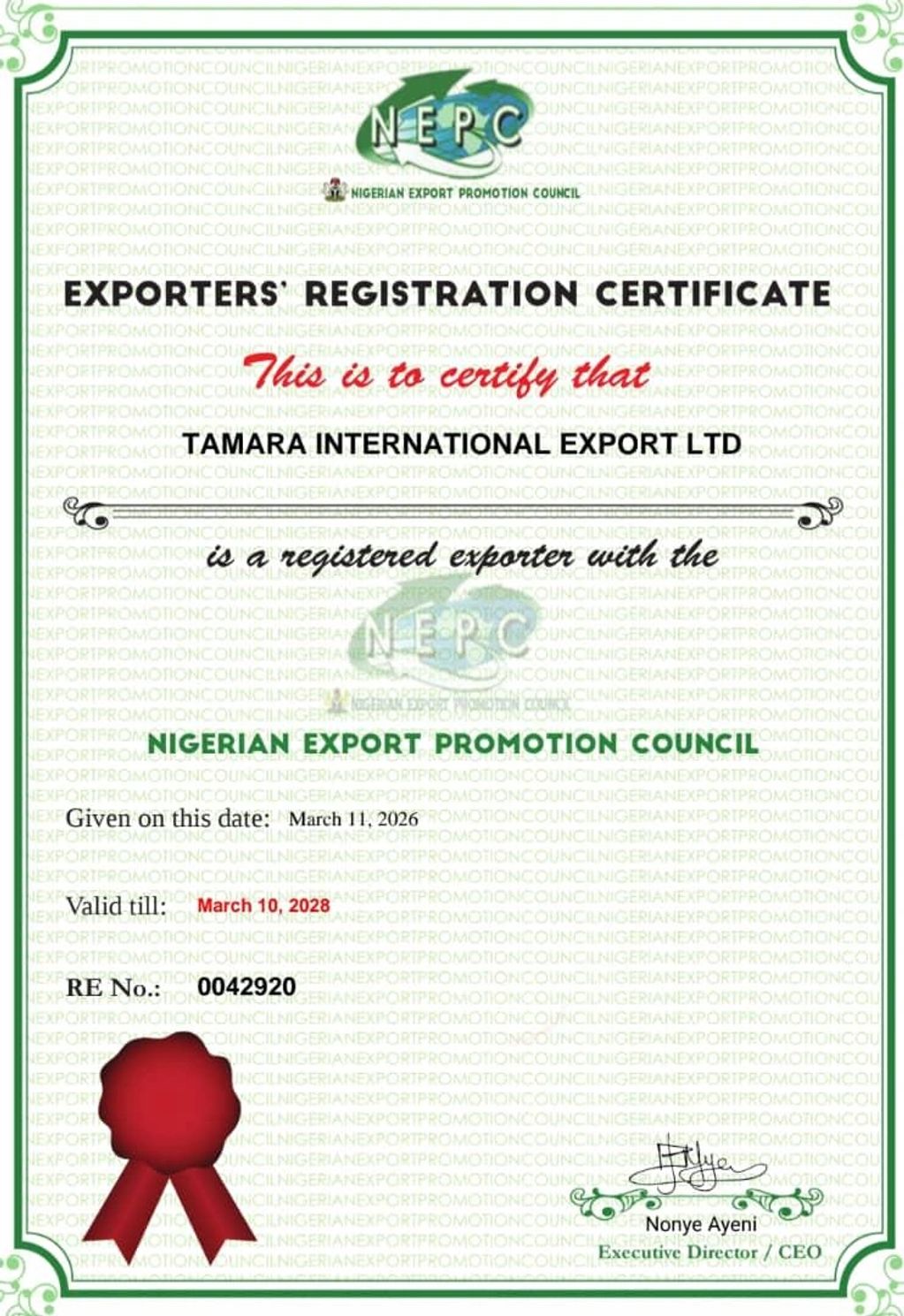 Exporter registration certificate for Tamara International Export Ltd by Nigerian Export Promotion Council.