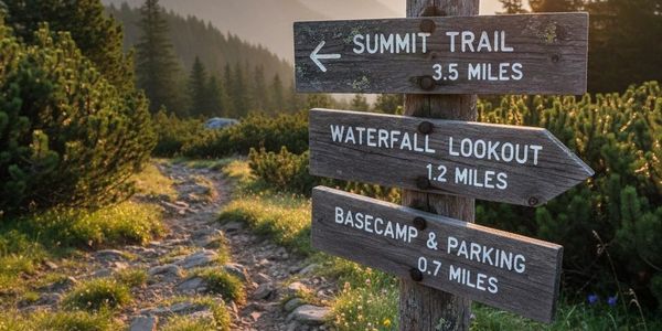 Wooden trail signs in a forested hiking area.