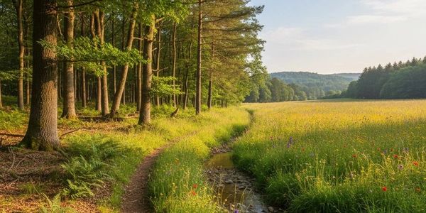 A forest path next to a flower field under a clear sky.