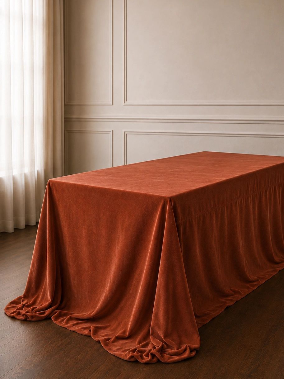 Mesa cubierta con un mantel de terciopelo color terracota.