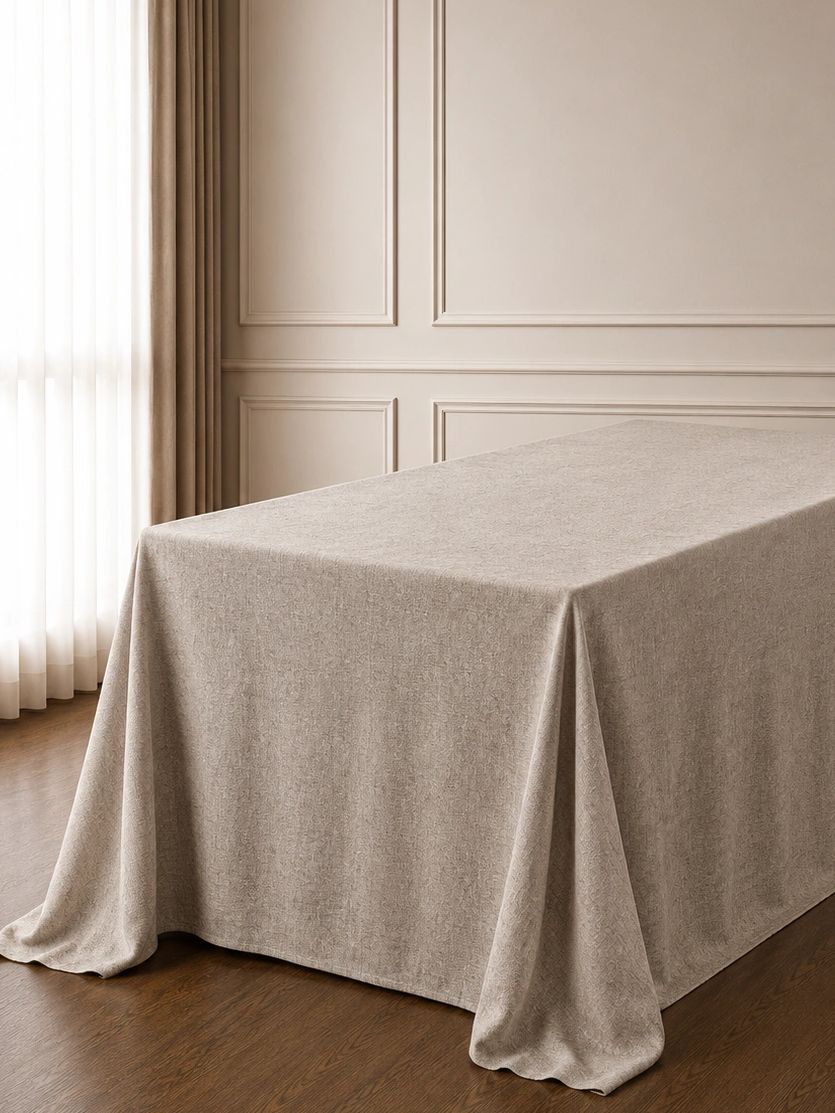 Mesa con mantel largo beige en habitación elegante.