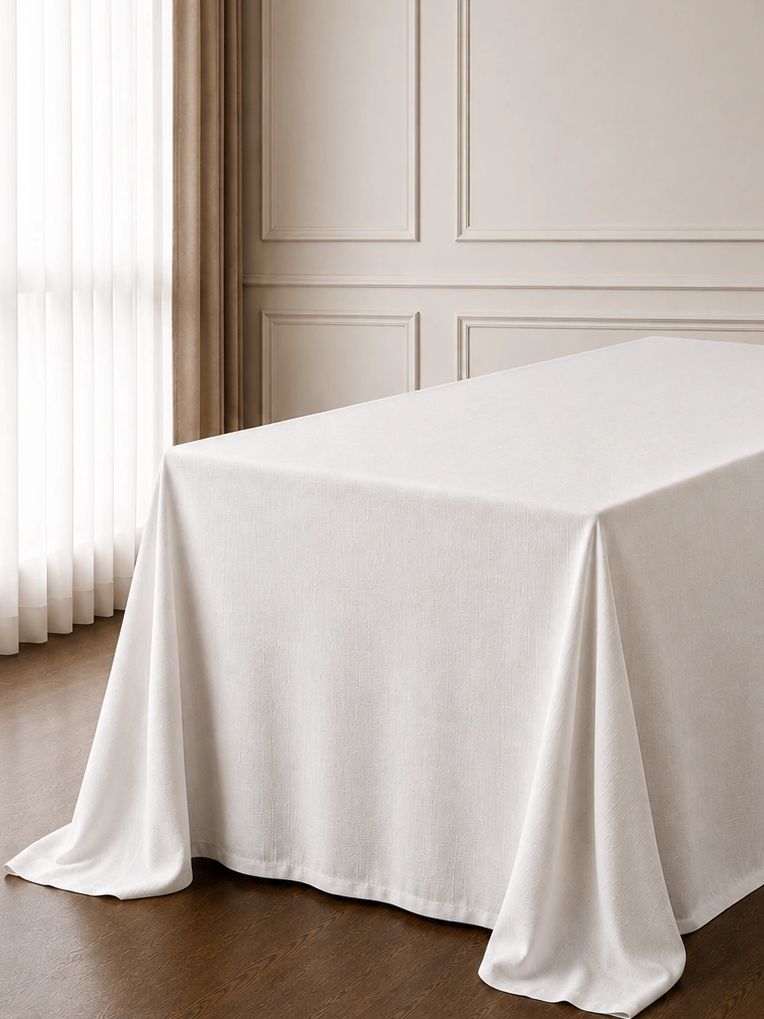 Mesa cubierta con mantel blanco en habitación luminosa.