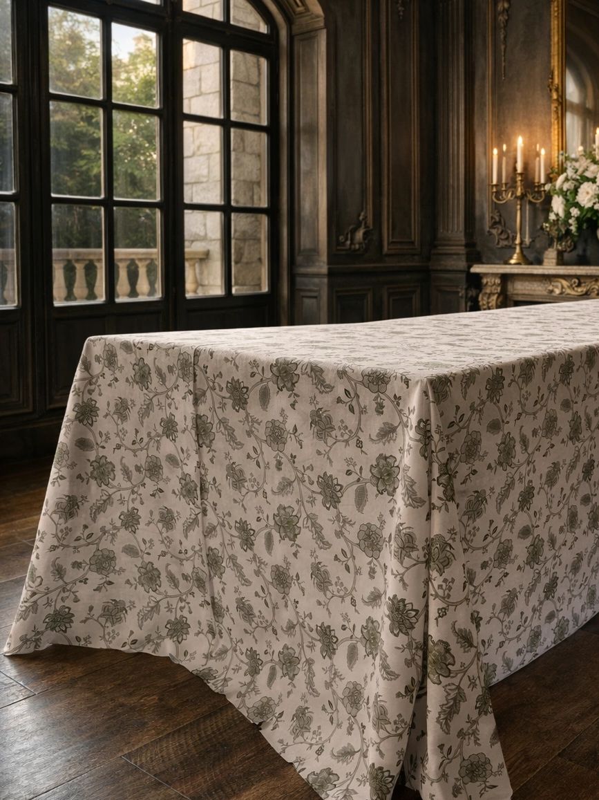 Elegant floral tablecloth draped over a large table in a classic room.