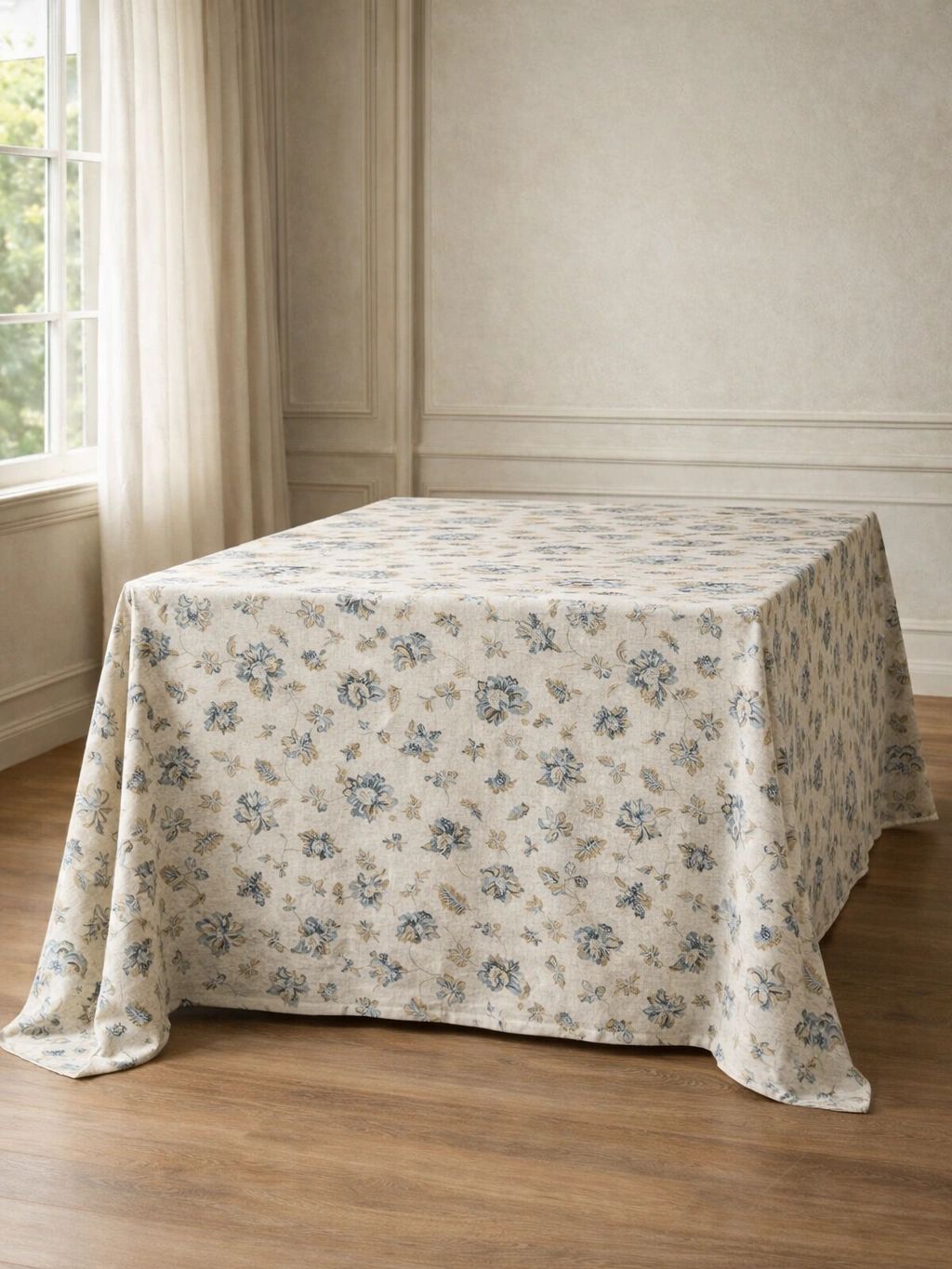 Elegant floral tablecloth draped over a square table in a softly lit room.