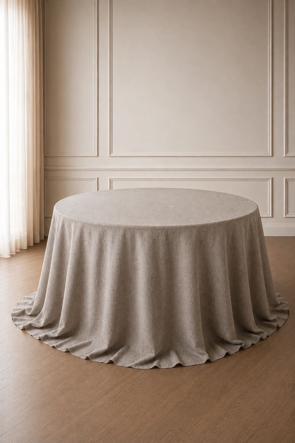 Mesa redonda con mantel beige en habitación elegante.