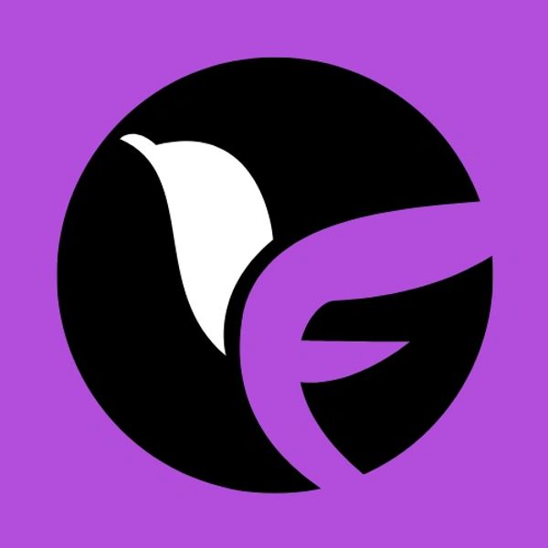 Stylized black and white bird logo on purple background.