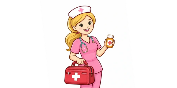 Smiling nurse in pink uniform holding medicine and a first aid kit.