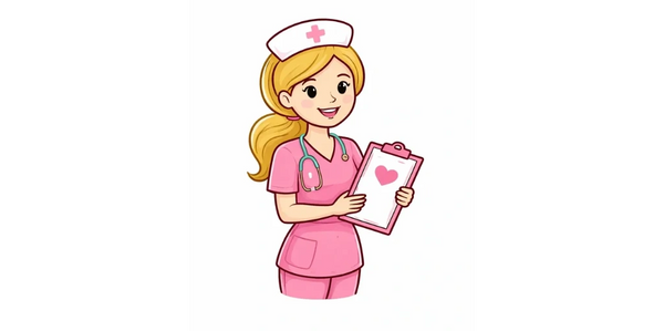 Smiling nurse in pink uniform holding a clipboard with a heart symbol.