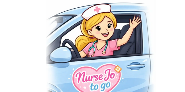 Cartoon nurse waving from a car with 'Nurse Jo to go' logo.